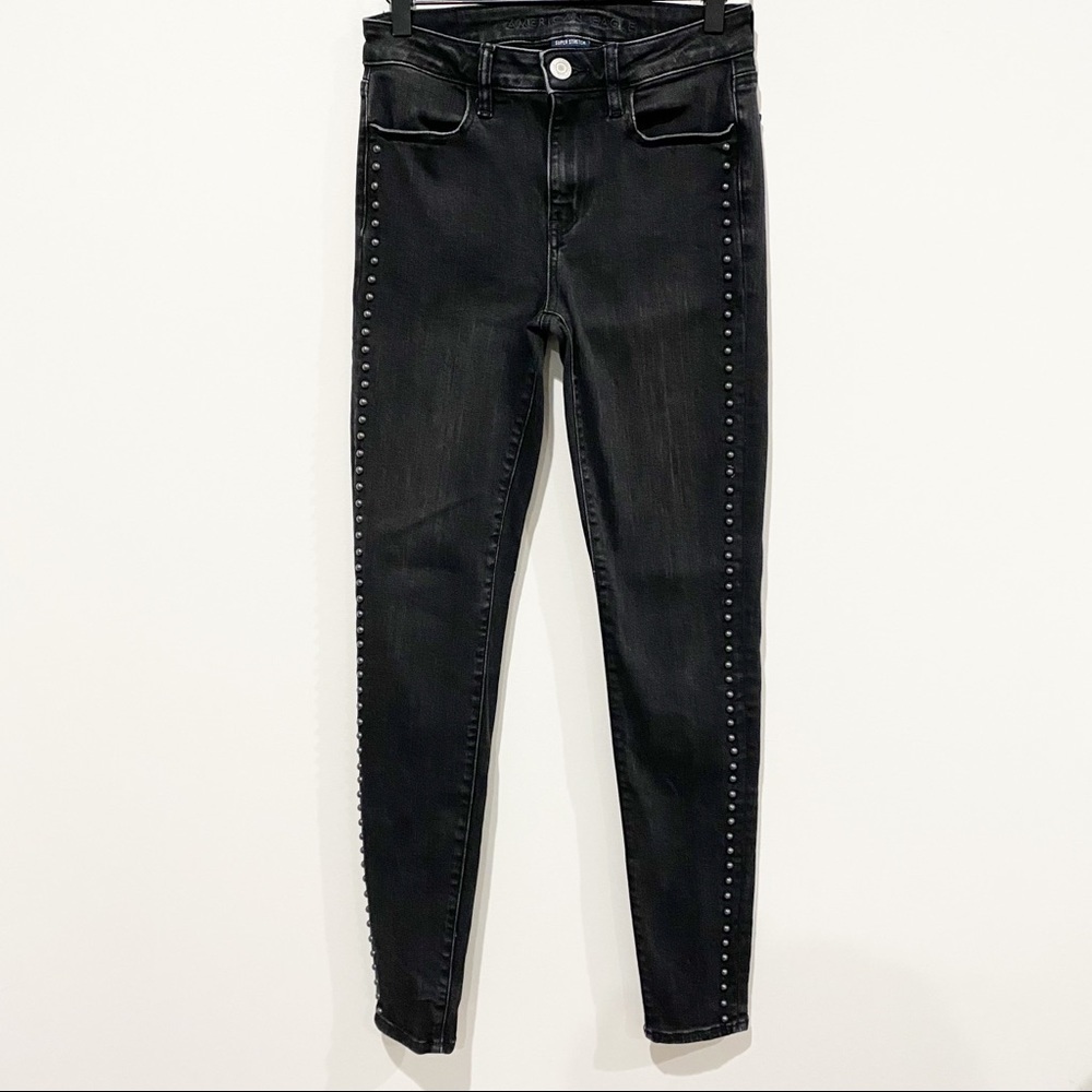 AE Black Hi-Rise Jeggings Studded Side Stripe Super Stretch, Size 2 Long